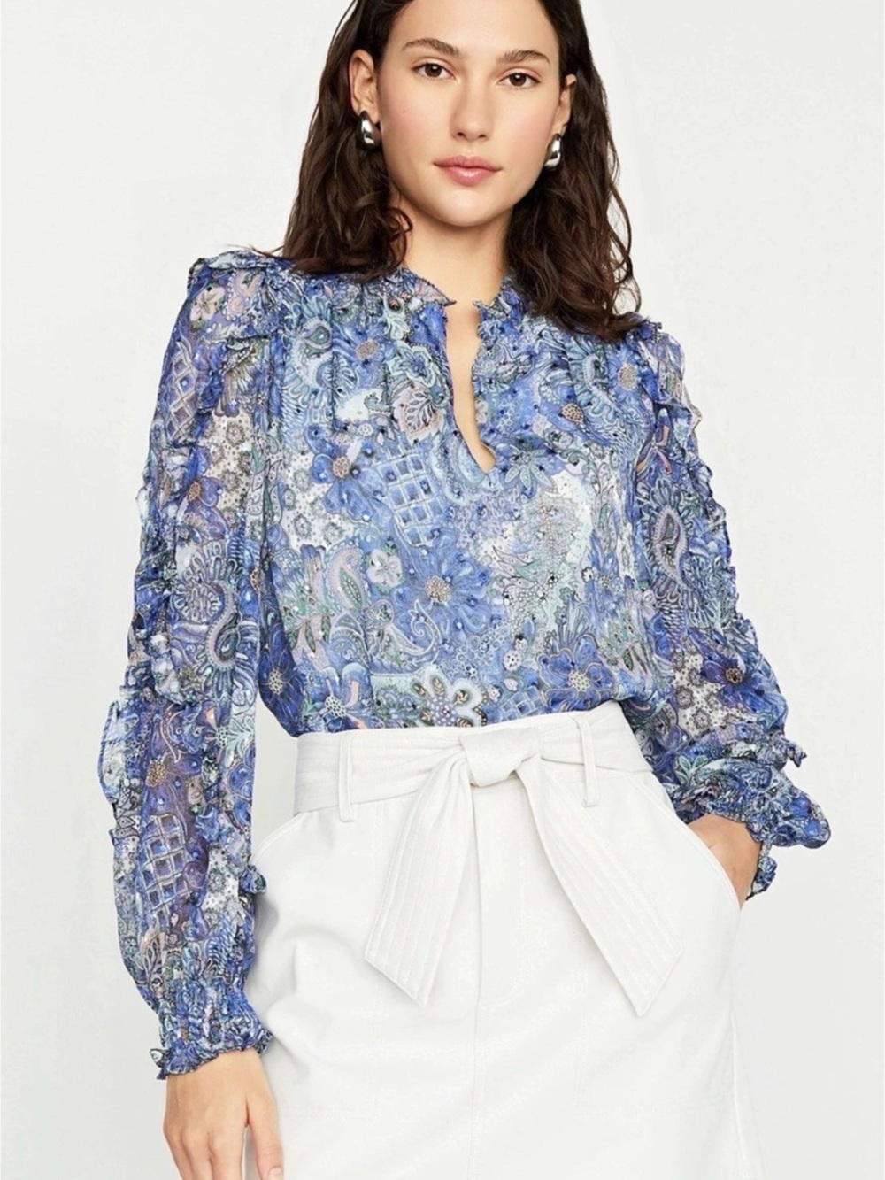 MARIE OLIVER Hadley Blouse Silk Ruffle Relaxed Size M